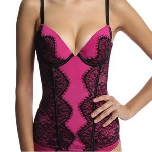 Italian Incanto Luxury Bustier Corset Fuchsia with Black Lace, size S-M